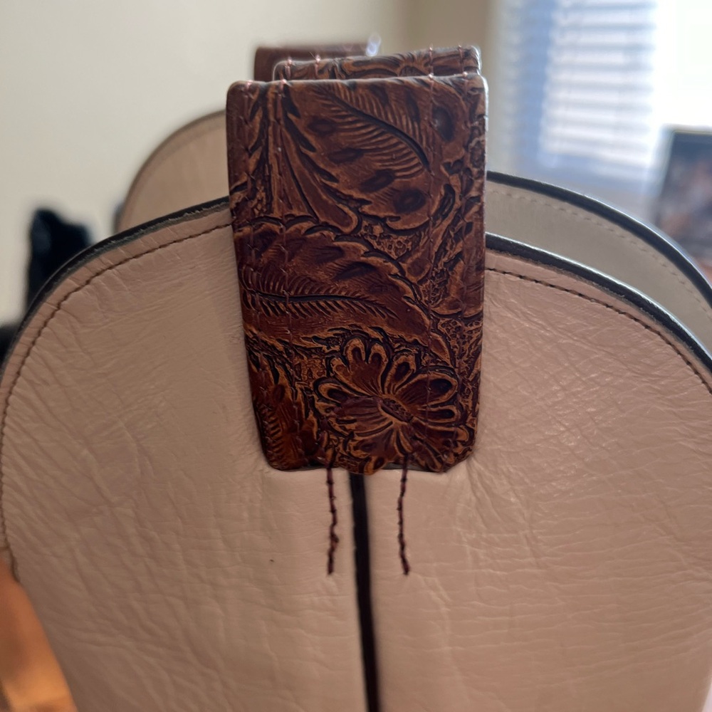Olathe Boot Co. Two-Tone Brown Tooled Leather/White Cowgirl Heeled Boots Sz 7 - Picture 8 of 10